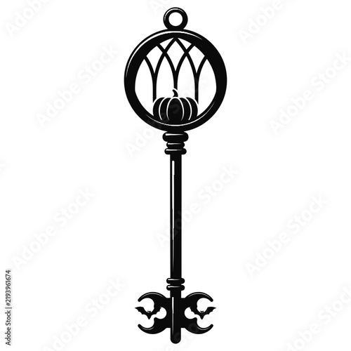 Vintage skeleton key with pumpkin and bats silhouette for Halloween
