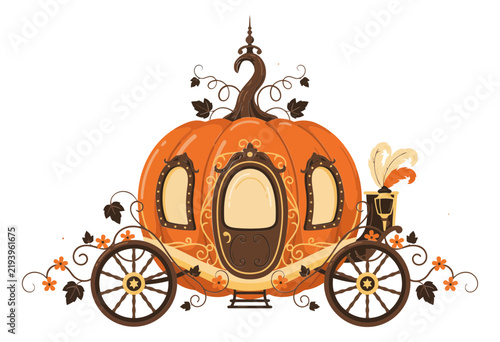 Whimsical pumpkin carriage adorned with ornate scrolls and autumn leaves during a magical fantasy setting vector illustration