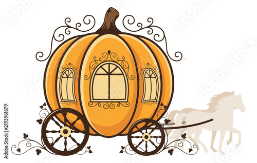 Whimsical pumpkin carriage pulled by spectral horses during a magical midnight journey