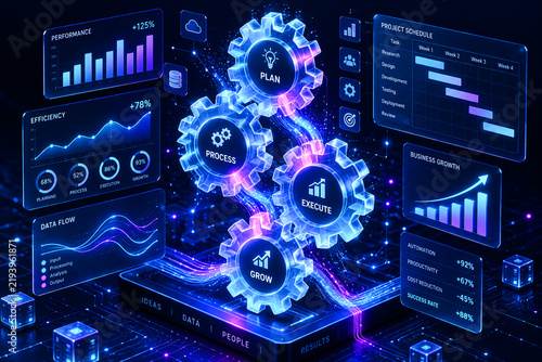 Glowing digital gears showing business workflow management with holographic data charts and modern analytical software interfaces.