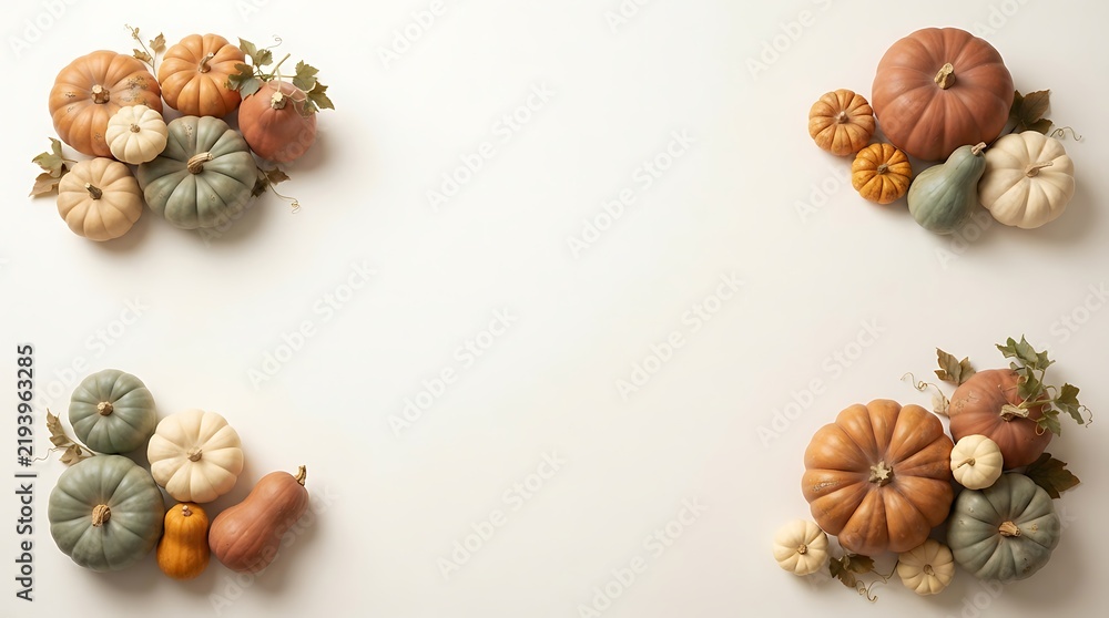 Obraz premium Bring the charm of the harvest season to your creative projects with this elegant autumn four-corners border background, featuring a beautifully curated arrangement of assorted mini pumpkins