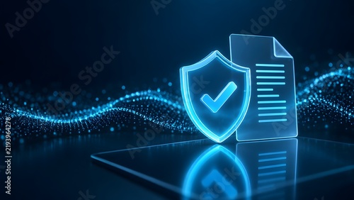 Glowing digital shield with checkmark and document icon representing data compliance and secure file verification