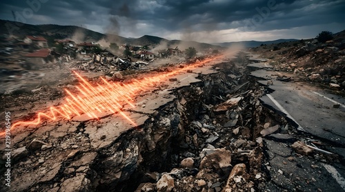 Earthquake Seismic Wave and Cracked Earth Surface. Seismic Activity Visualization with Ground Crack