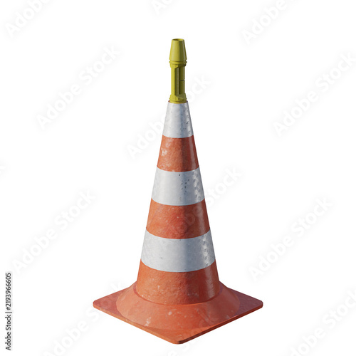 Orange and white striped traffic cone isolated on a white background.