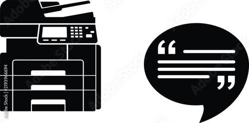 Foto Black and white silhouette icons of a multifunction office printer and a quote s