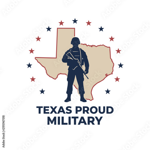 Texas Proud Military emblem illustration with soldier silhouette, state outline, and patriotic stars