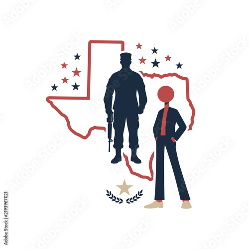 Texas military illustration featuring soldiers, Texas outline, patriotic stars, and military symbols