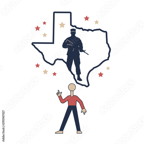 Texas military themed illustration with soldier silhouette, Texas map, patriotic stars, and civilian figure