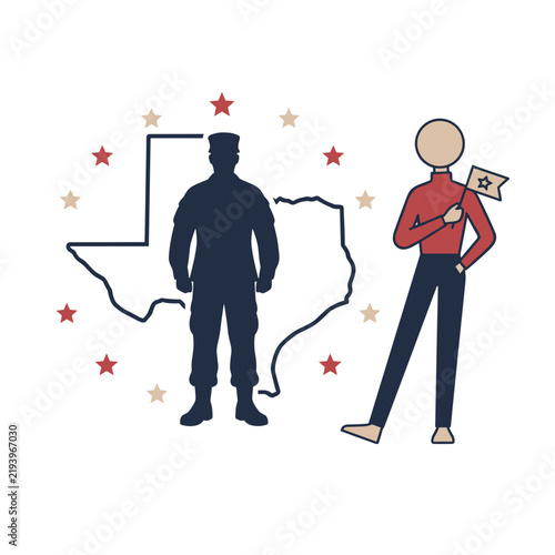 Texas military themed illustration with two uniformed figures, Texas outline, and patriotic stars