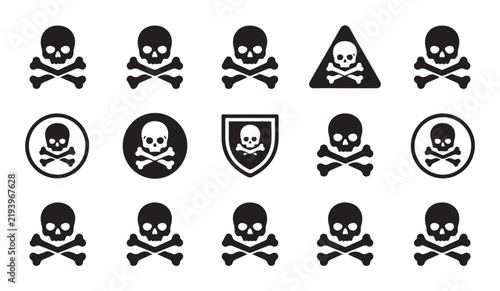 Cuadro en lienzo Black and white skull and crossbones icon set for danger or poison warnings and halloween designs