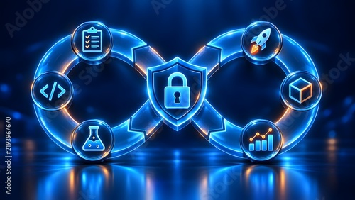 DevOps infinity loop with security shield coding checklist flask rocket cube and analytics icons on a dark blue background