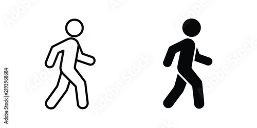 Person walking icon featuring a simple human figure in motion for pedestrian navigation, walking paths, mobility, travel, and vector design