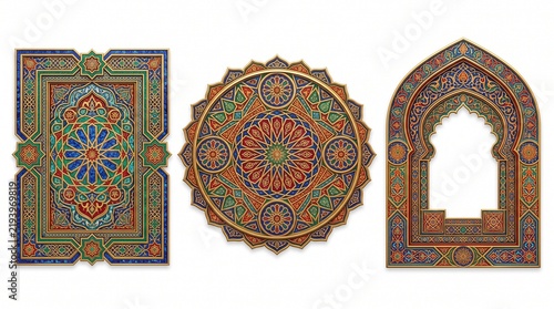 Islamic geometric pattern set with 3 traditional ornaments, Moroccan mosaic tile motifs in blue and orange, ornate Arabic architectural frames for Ramadan greeting cards and luxury invitations