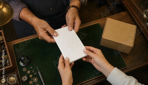 Employee giving resignation letter and box to employer on vintage desk close up.
