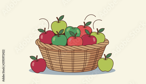 Wicker basket filled with a variety of fresh red and green apples with two extra apples placed nearby on the floor.