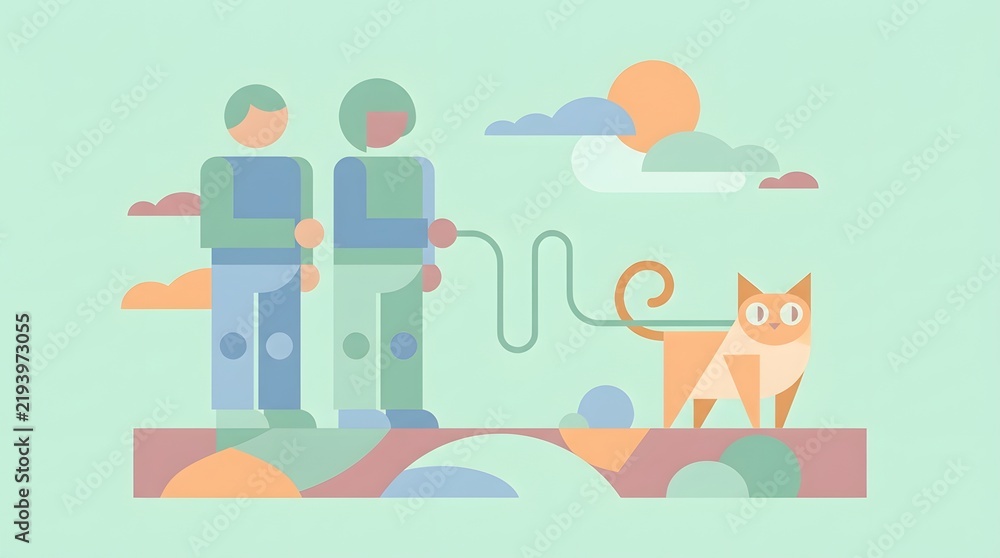 Fototapeta premium Cute Cartoon Cats and People Walking in Park Scene with Bright Colors