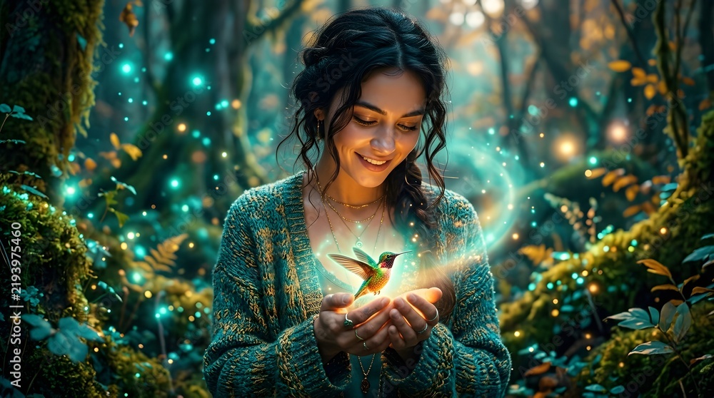 Fototapeta premium Young Woman Holding Glowing Hummingbird in Enchanted Forest Scene