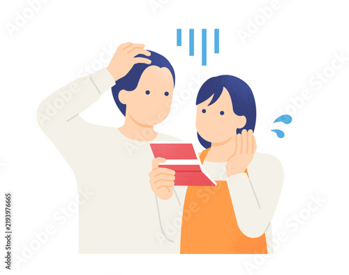 Plakat 貯金が底をついて頭を抱える男性 通帳を見て困る主婦 夫婦の上半身イラスト素材