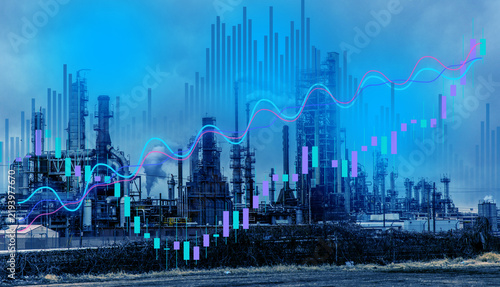 Принти на полотні Industrial factory plant skyline silhouette overlay with glowing neon stock mark