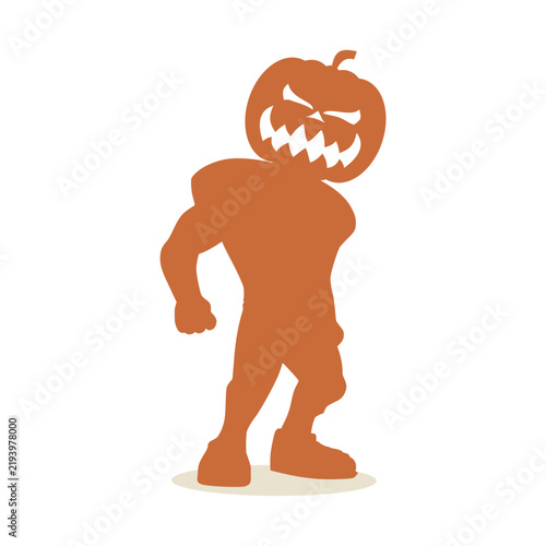 A muscular monster silhouette with an evil grinning jack-o-lantern head stands in a threatening pose. A spooky Halloween character for horror, fear, menace, party, costume and autumn holiday themes.