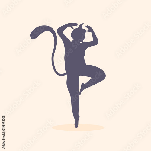 A graceful dancing female silhouette with cat ears and a long curved tail. It suits costume, Halloween, carnival, party, cosplay, fantasy character, mystery, elegance and feline grace themes.