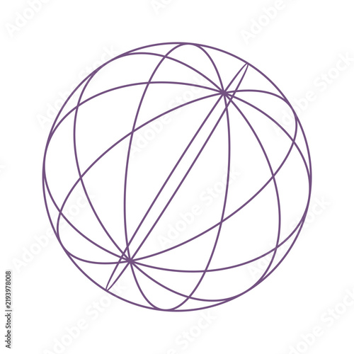 Crossing elliptical rings form a wireframe globe sphere of meridians and orbits. A clean line icon for themes of world, planet, earth, global connection, network, unity, geometry and astronomy.