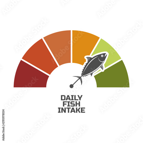A semicircle segmented gauge uses a tuna silhouette as pointer and reads DAILY FISH INTAKE. It fits nutrition, diet, seafood consumption, health, protein, omega-3, wellness and lifestyle themes.