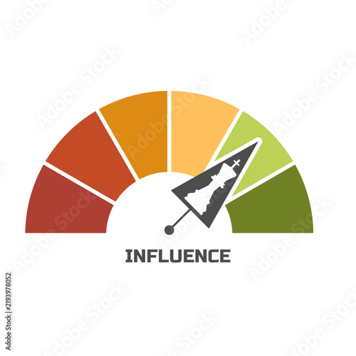 A semicircle gauge with a chess king shape pointer and the word INFLUENCE measures impact and reach. It fits leadership, authority, reputation, marketing, social media, engagement and success themes.