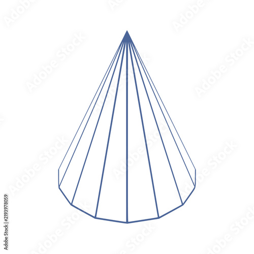 A pyramid cone built from triangular wireframe facets rises to a sharp apex. It works as a mountain peak, 3D mesh model, geometry study or logo for stability, growth, strength and success themes.