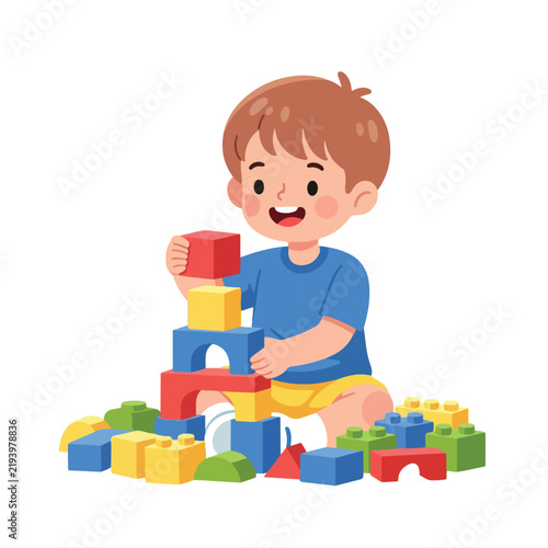 A happy young boy sits on the floor building a colorful tower with toy blocks in a cheerful cartoon vector illustration.