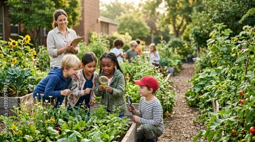Children exploring plants in the garden 