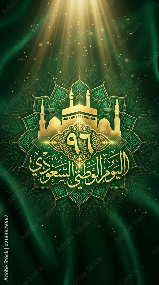 Fototapeta premium A golden Kaaba emblem and Arabic calligraphy celebrate Saudi National Day over green silk on an iPhone wallpaper.