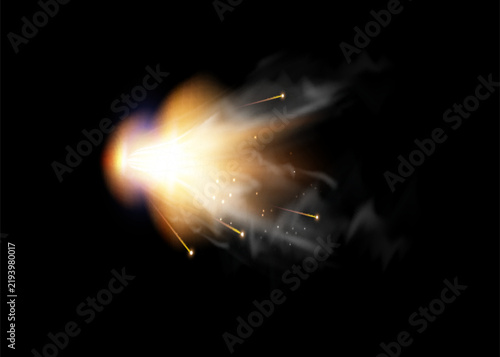 Gun flashes with smoke and fire sparkles. Pistol shots clouds, muzzle shotgun explosion. Blast motion, weapon bullets trails isolated on black background.