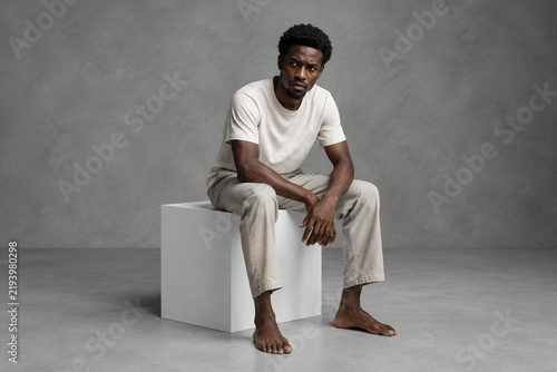 Man sitting on white cube in minimalist studio, emotional tension and conceptual mood.