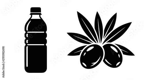 Vector illustration of olive oil bottle and olives icon, simple style on a transparent background