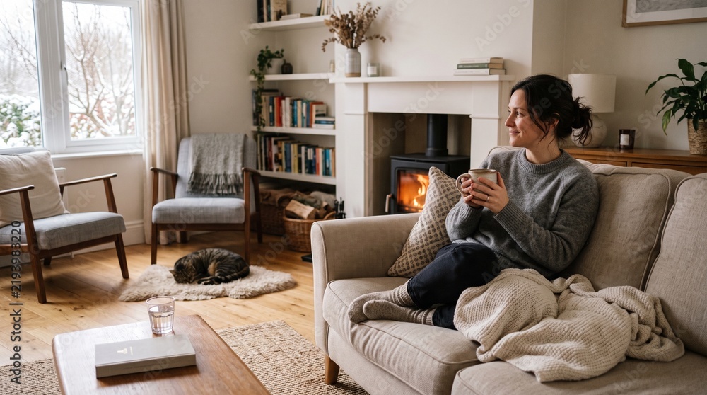Fototapeta premium Woman relaxing by fireplace with coffee in cozy living room