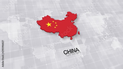 China map with national flag on white digital world map background, global political, geographic border for international news concept with minimal background