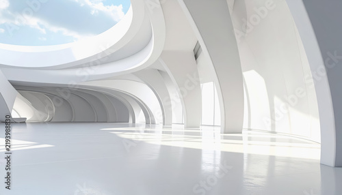 Futuristic white architecture with curved walls and columns under a cloudy sky