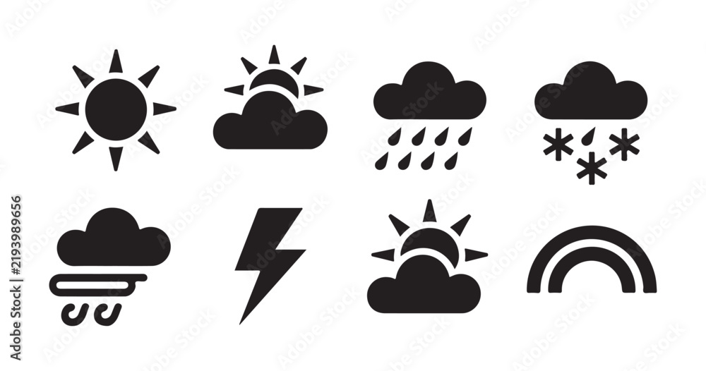 Obraz premium Set of black climate icons representing sun clouds rain snow lightning and rainbow for weather forecasting.