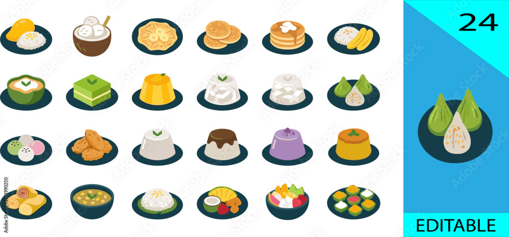 Fototapeta premium Set of 24 Thai Filipino dessert icons mango sticky rice kuih panna cotta buko halo editable vector