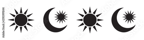 Sun and crescent moon with stars black silhouette icons for meteorological and astronomical weather symbols.
