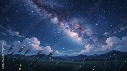 Anime clouds above a glowing milky way night sky and meadow