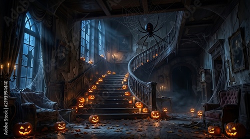Halloween-themed staircase with jack o lanterns and spooky buildings at night