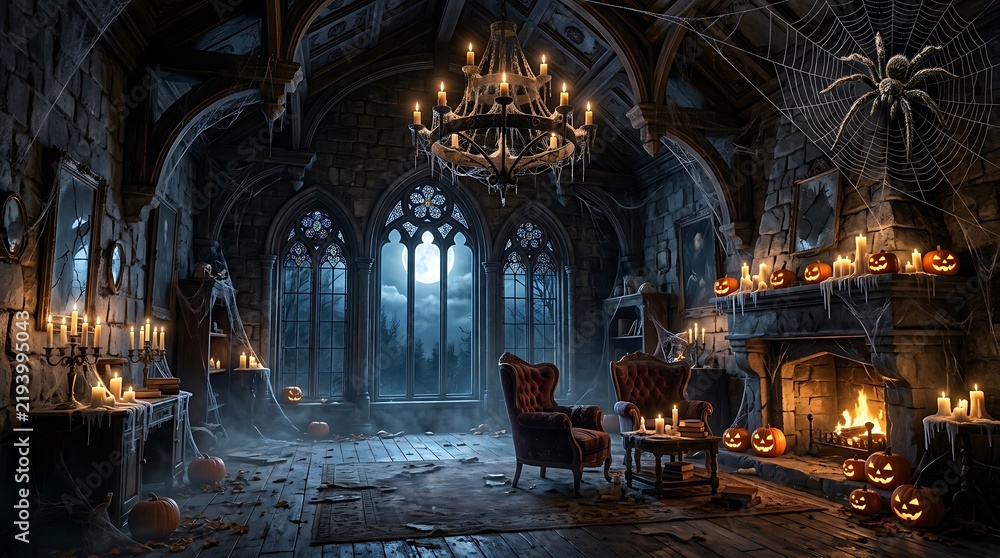 Fototapeta premium Mysterious gothic interior with grand chandelier and warm candlelit ambiance