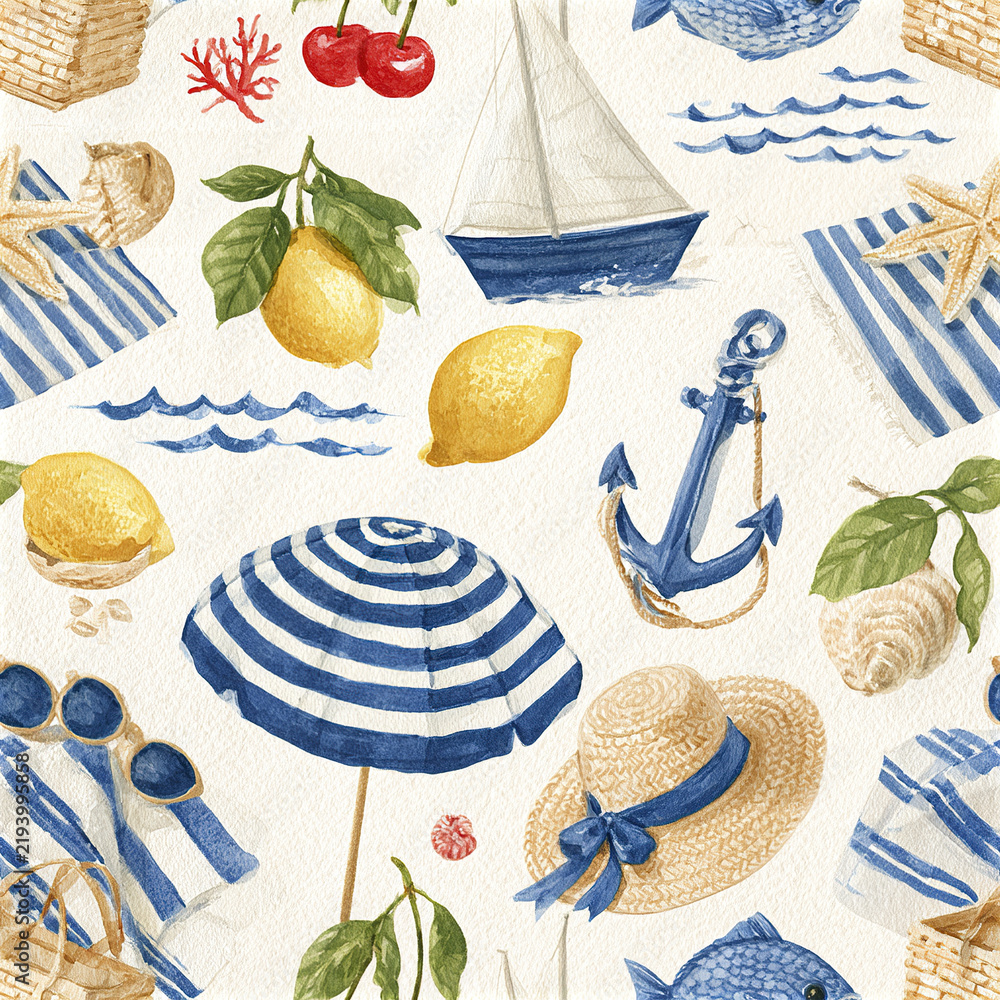 Obraz premium Cheerful Mediterranean summer seamless pattern with lemons, striped umbrella, anchor, hat, and sea elements creating bright