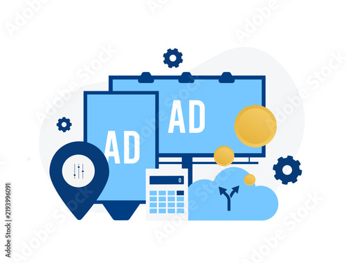 Programmatic DOOH with advertising screens, audience targeting and automated media buying. DOOH advertising uses real-time data for campaign delivery, optimization and measurement vector illustration