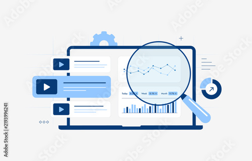 Video analytics dashboard for content performance, audience engagement and media measurement. Data analysis, trend monitoring and performance tracking for digital video strategy, vector illustration.