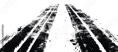 Two parallel black tire tracks fading into the distance on a white background, featuring realistic tread patterns and textured rubber marks