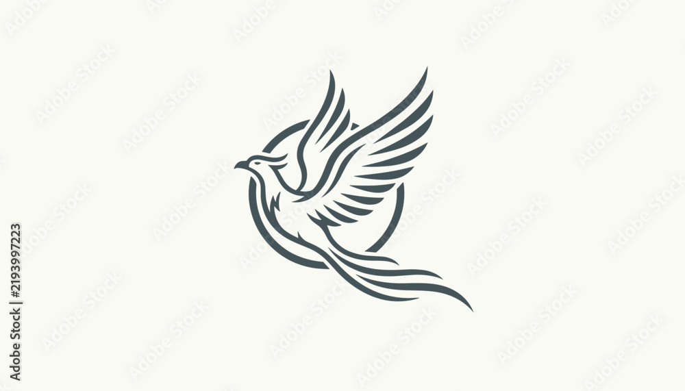 Fototapeta premium Elegant grey outline vector of a flying phoenix bird rising majestically inside a minimalist circular framing.