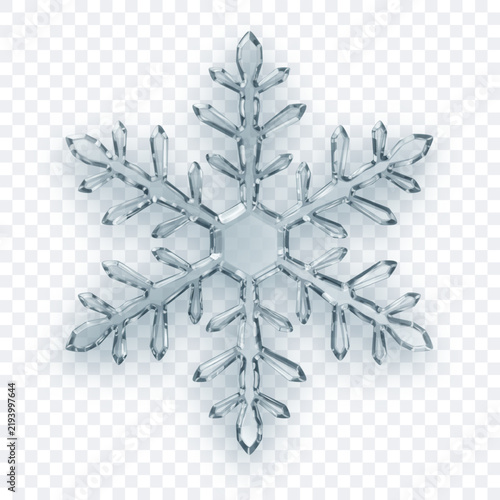 A complex translucent snowflake with crystalline facets in shades of gray with soft shadow on a transparent background. Transparency only in vector format.